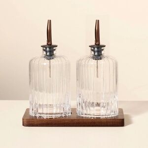 Oil & Vinegar Ribbed Glass Bottle Set with Wood Base - Hearth & Hand Magnolia